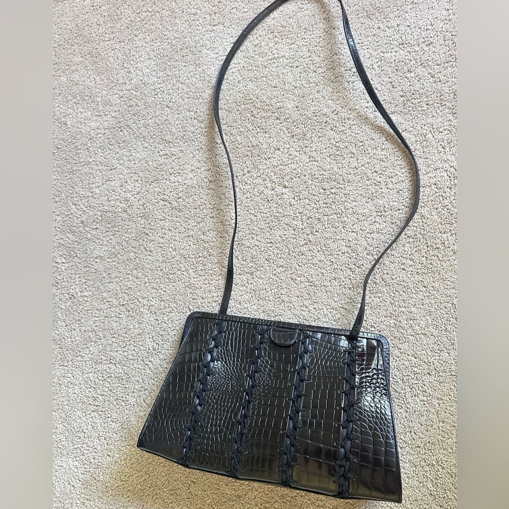 Vintage Sharif Black Croc-Embossed Leather Shoulder Bag